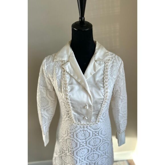 VINTAGE MISTER ROBERT 60's Mod Cream Satin Jacquard Mini Elopement Dress Size S - Picture 3 of 7